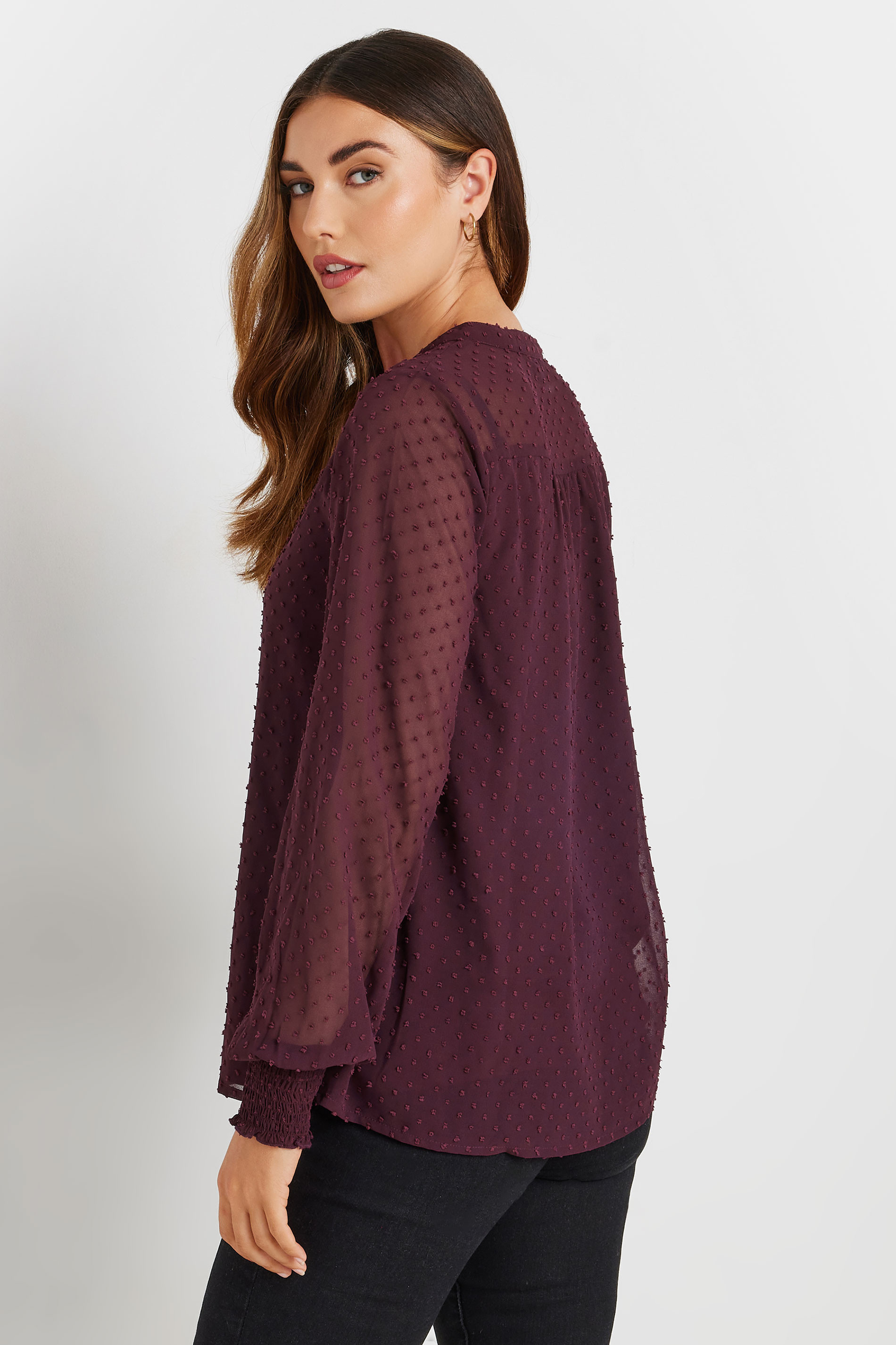 LTS Tall Burgundy Red Dobby Spot Long Sleeve Blouse | Long Tall Sally