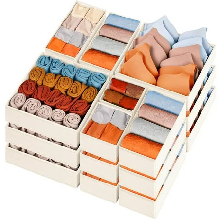Criusia Sock Underwear Drawer Organizer Dividers 15 pack - Dresser Organizer for Deep Drawer Closet Nursery Bedroom - Fabric Bins for Organization Small Toys Bra Ties Scarf Belt (Beige) C48 | Walmart (US)