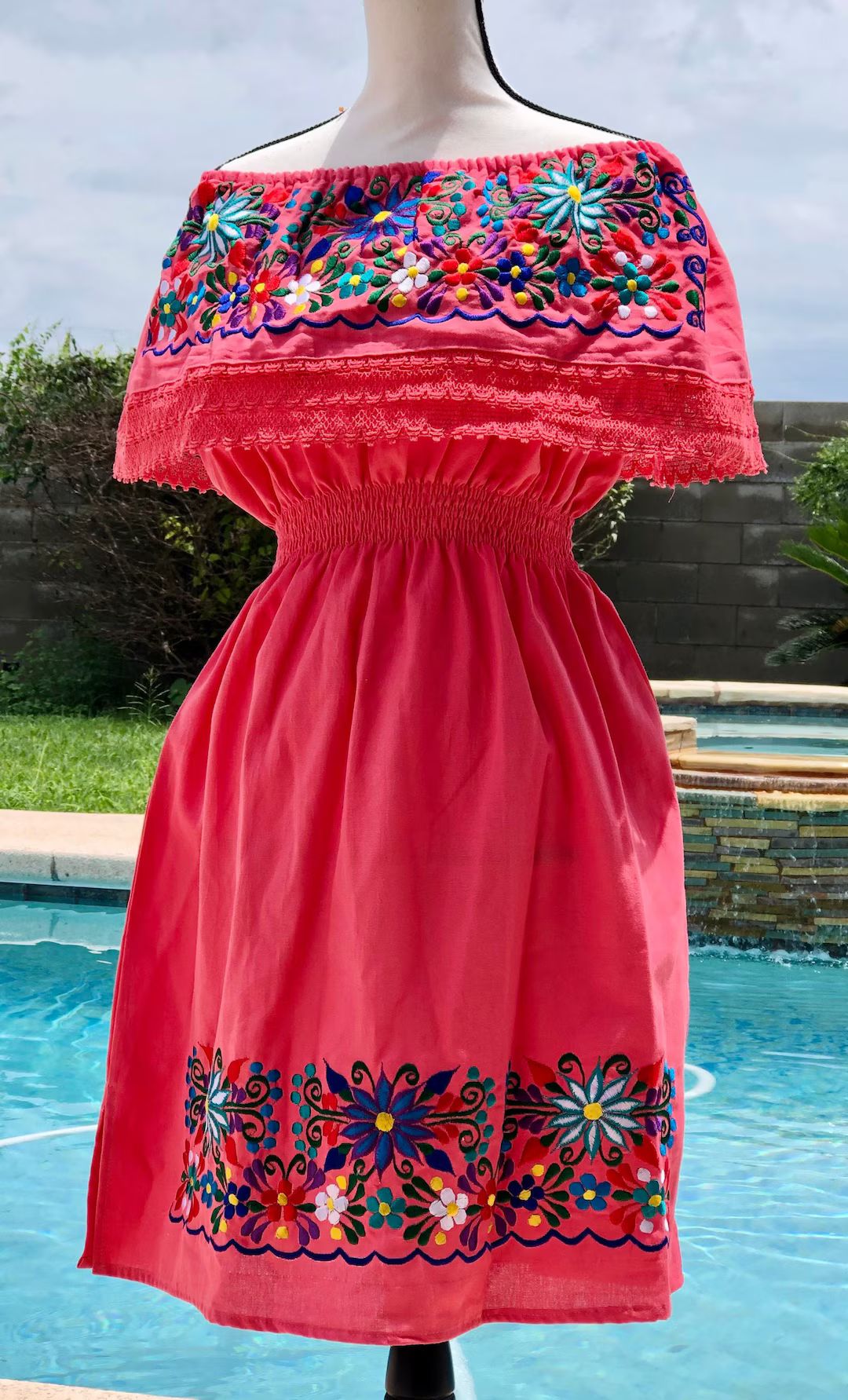Large Embroidered Flowers off the Shoulder Dress/vestido Mexicano Bordado - Etsy | Etsy (US)