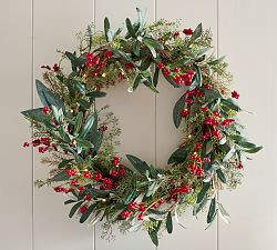 Lit Faux Eucalyptus and Berry Wreath &amp; Garland | Pottery Barn (US)