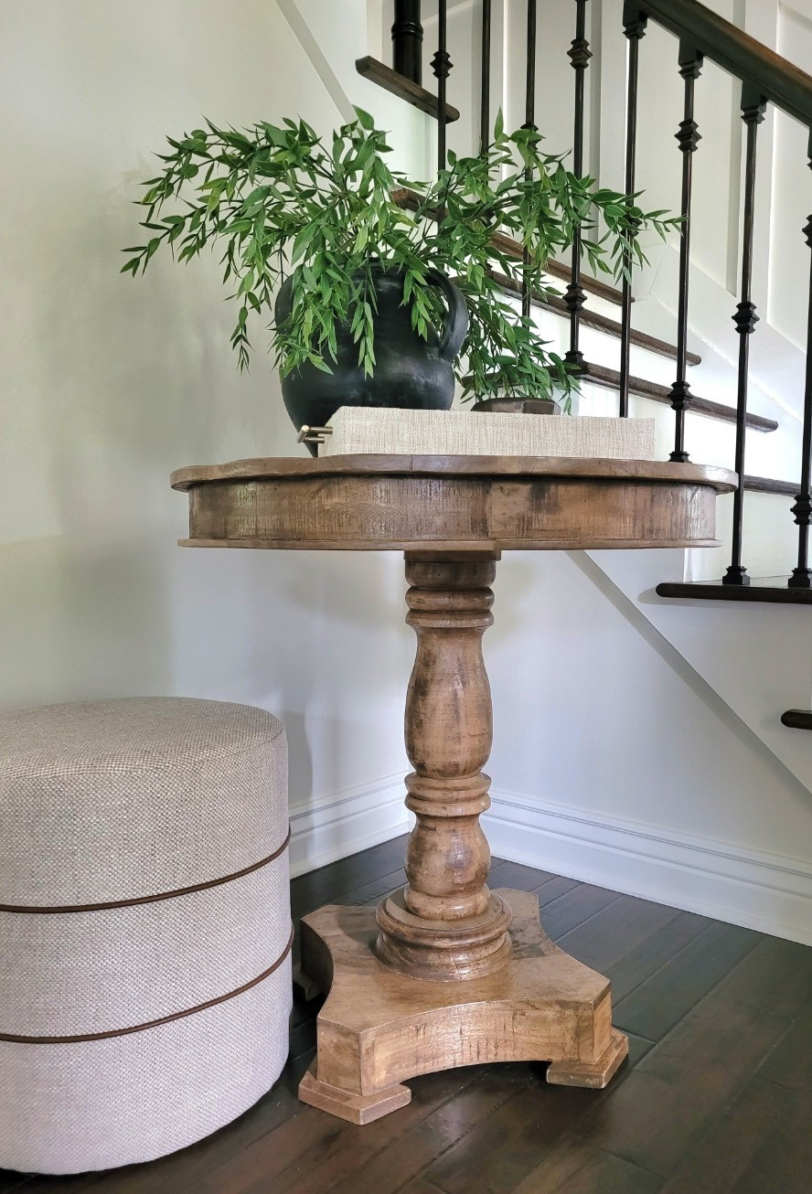 Small entryway console table styling with a round mudcloth ottoman and black vase. Amazon home,  Target home,  entryway decor,  staircase, stairway, foyer, living room

#LTKHome #LTKStyleTip
