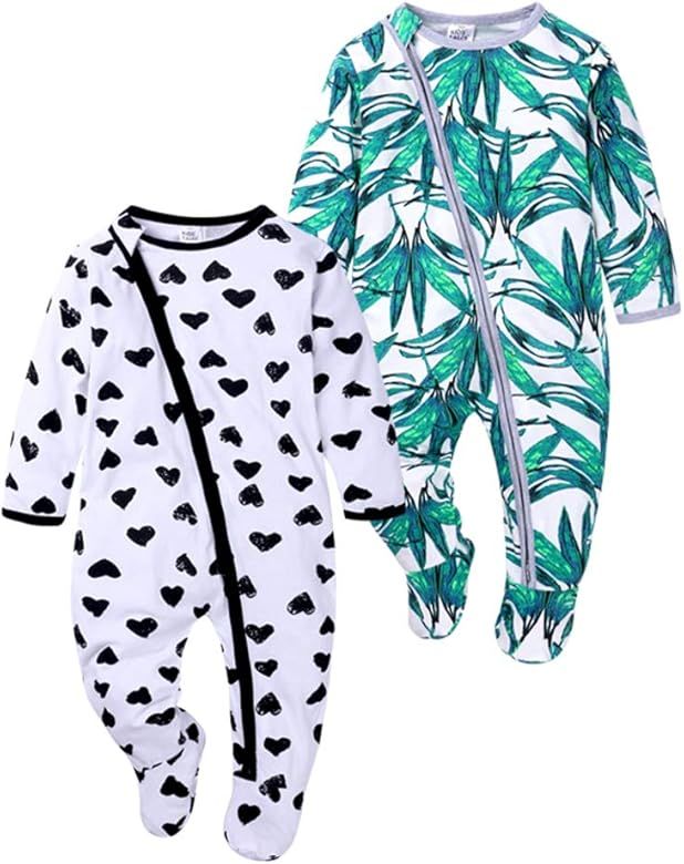 Kids Tales Baby Girls Long Sleeve Footies Zipper Romper Flower Pajama Onesies | Amazon (US)
