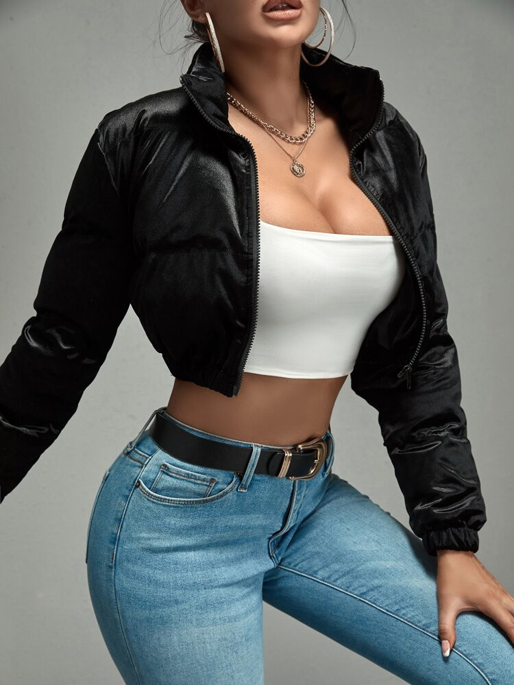 SHEIN SXY Zip Up Crop Puffer Coat | SHEIN