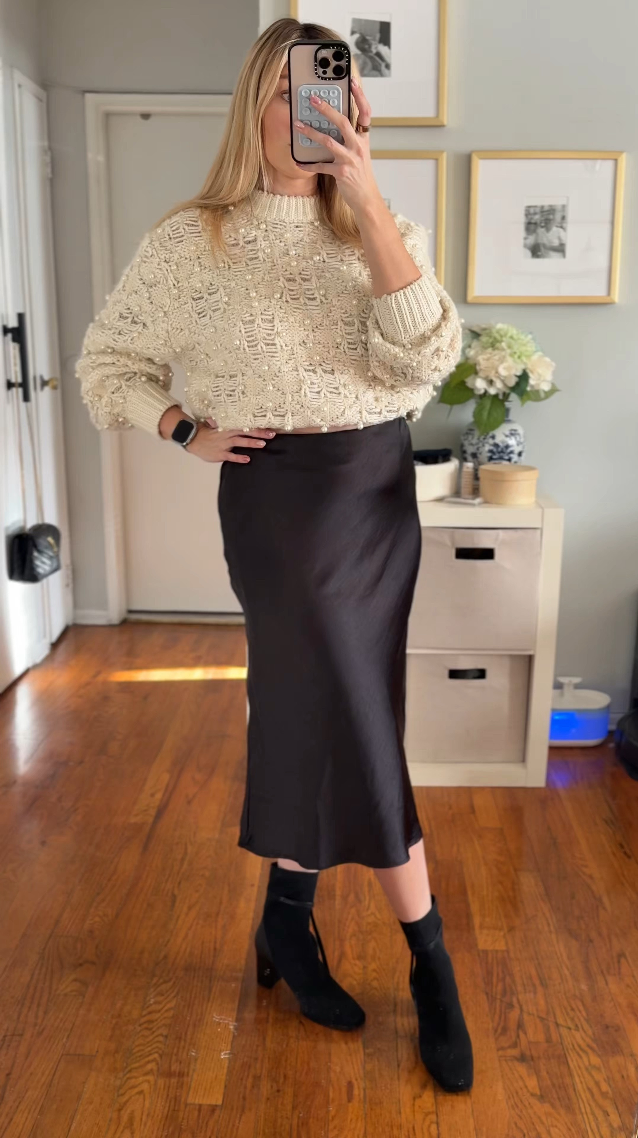 BLACK satin skirt outfit - amazing formula for date night outfit. 

Black skirt outfit, oversized sweater, pearl sweater, black booties, winter ootd 

#LTKWatchNow #LTKParties #LTKStyleTip