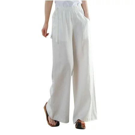 VSSSJ Women s Cotton and Linen Trousers Loose Fit Solid Color Elastic Waist Straight Wide Leg Pants  | Walmart (US)