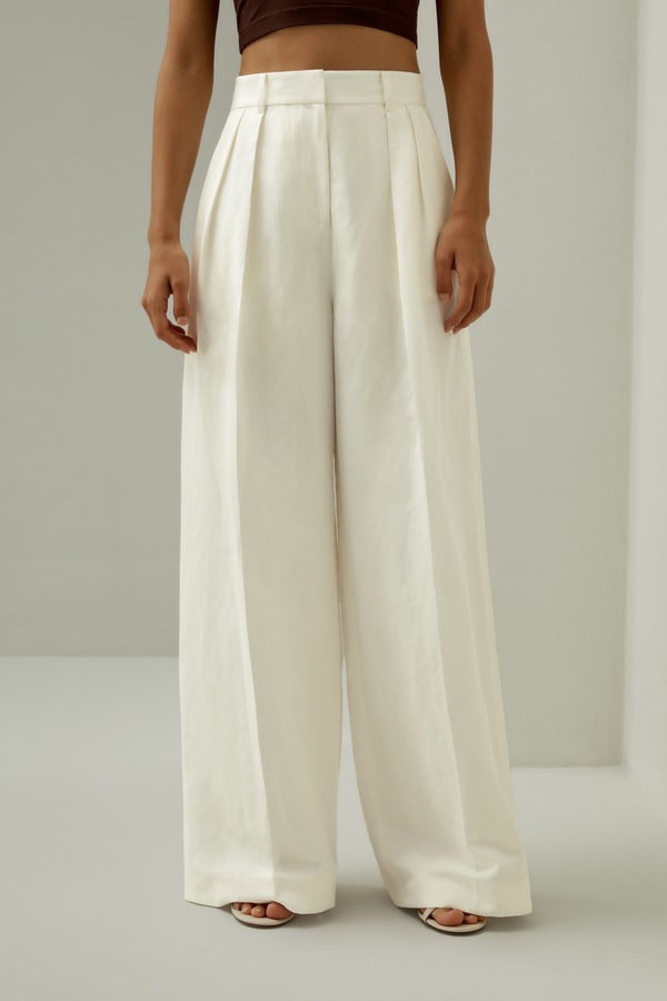LILYSILK Silk Wide Leg Trousers - for Women - Natural White Silk & Linen - Practicality and Style Side Pockets Pants | LILYSILK