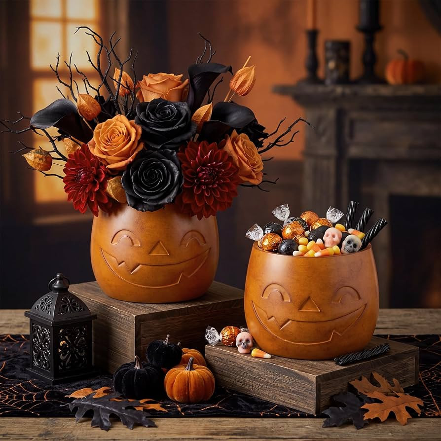 SiliFine 2 Pcs Handmade Terracotta Pumpkin Jack-o'-Lantern Bucket Decor | Amazon (US)