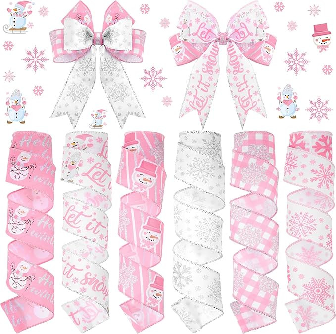 6 Rolls 30 Yards Winter Wired Ribbon 2 Inch Pink and White Snowflake Snowman Ribbons Let it Snow ... | Amazon (US)
