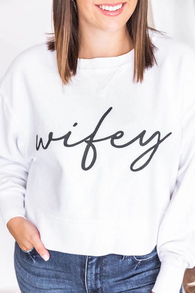 Wifey Script White Cropped Corded Graphic Sweatshirt | The Pink Lily Boutique