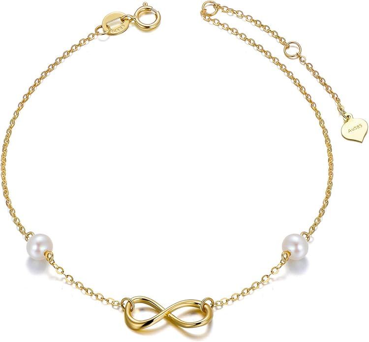 14k Gold Infinity Bracelet for Women, Real Pearl Love Knot Bracelet, 6.9"+0.7"+0.7" | Amazon (US)