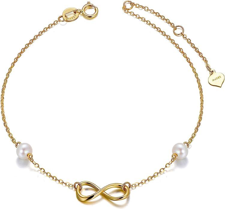 14k Gold Infinity Bracelet for Women, Real Pearl Love Knot Bracelet, 6.9"+0.7"+0.7" | Amazon (US)