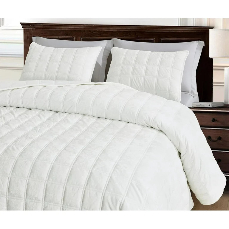 Chezmoi Collection Piers Cream White Velvet Quilt Queen Set, 3-Piece Lush Plush Distressed Velvet... | Walmart (US)