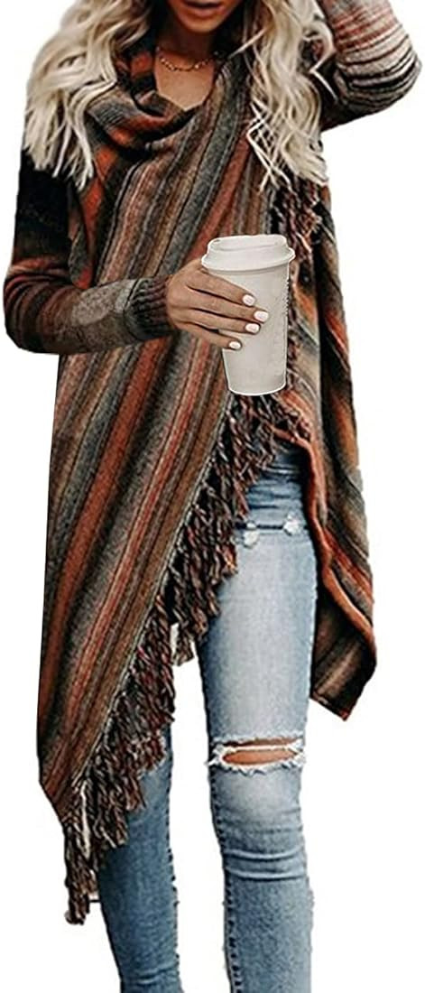 Women's Open Front Knited Tassels Slash Loose Cardigan Crew Neck Speckled Fringe Sweater Outwear | Amazon (US)