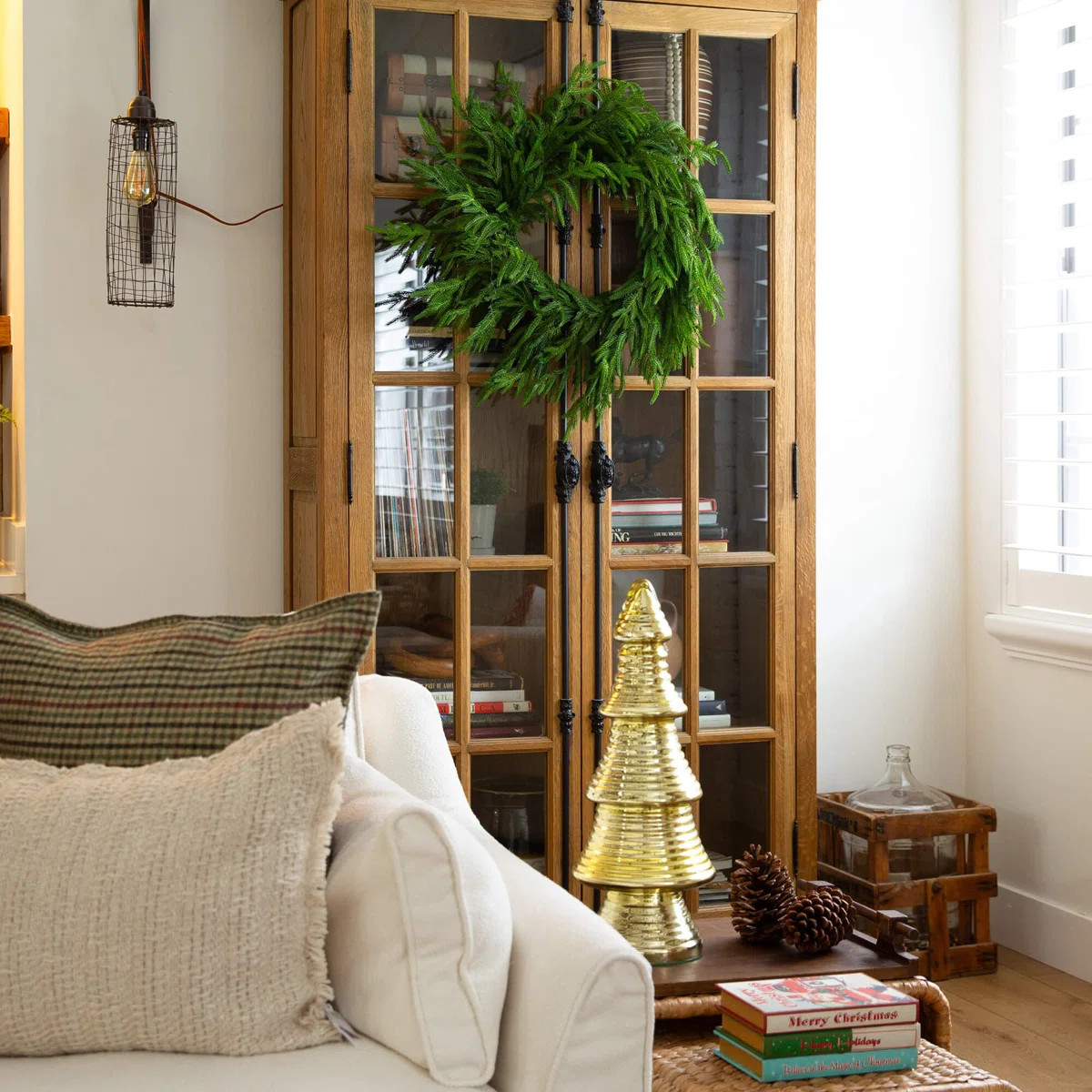 Artificial Real Touch Norfolk Island Pine Wreath With 35 Warm White LED Lights And Natural Look | Wayfair North America