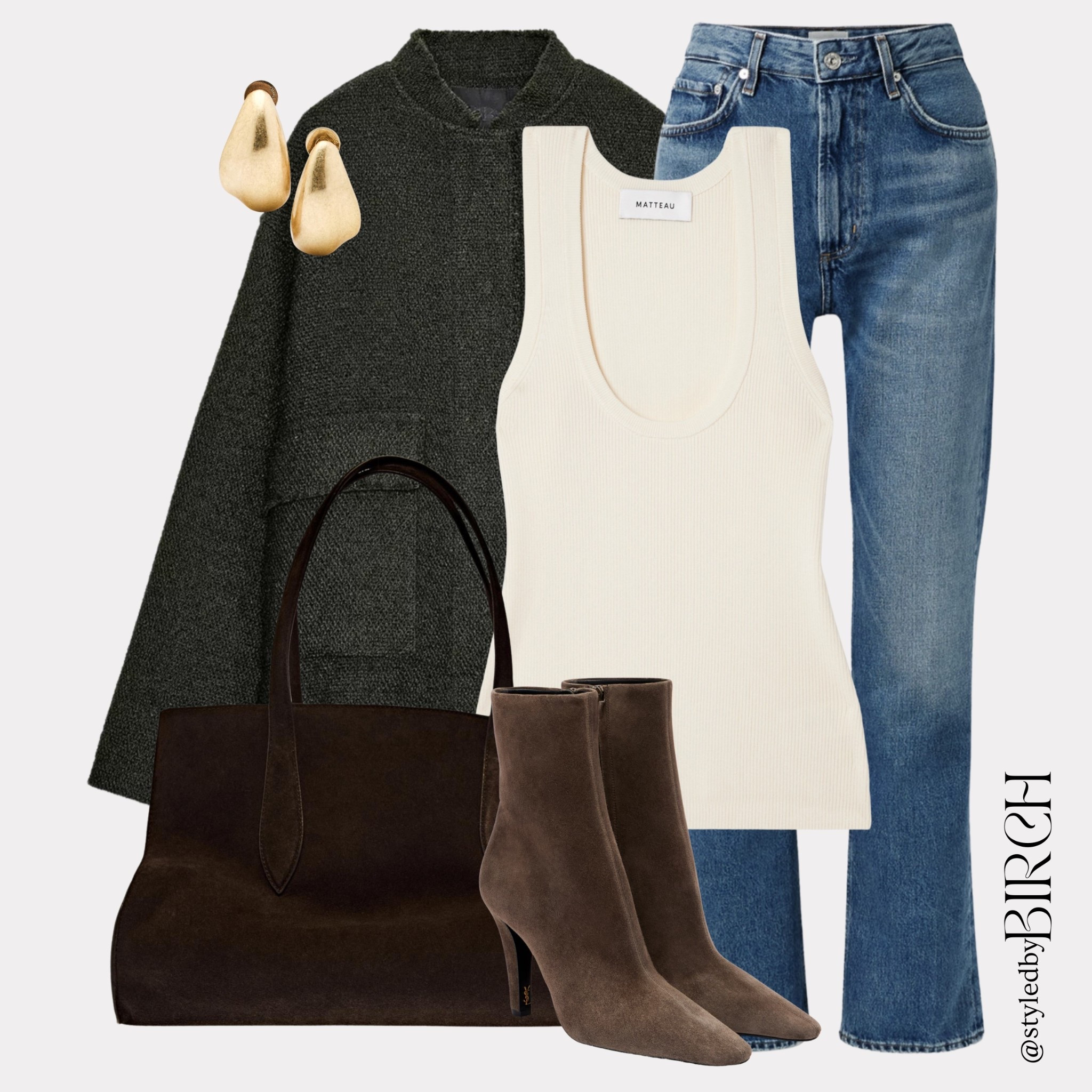 Sometimes it’s just the most simple outfits that look the most elevated🫶🏼

Cream ribbed scoop neck tank, Dark green textured wool jacket, Mid-wash straight-leg jeans, Taupe suede heeled ankle boots, Deep brown suede tote bag, Sculptural gold drop earrings

#LTKjeans #LTKautumn #LTKwinter