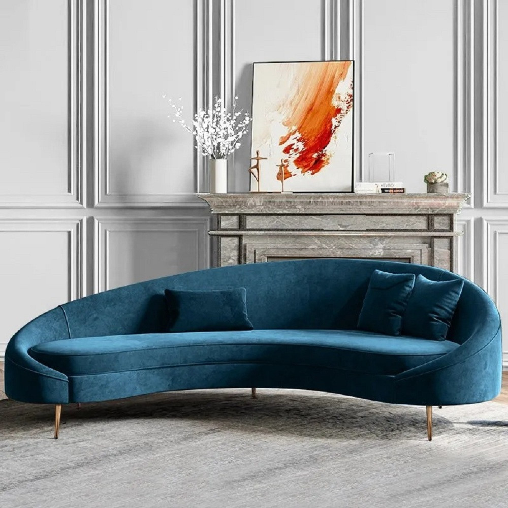 Modern 83" Blue Velvet Curved Sofa 3 Seater Sofa Gold Metal Legs Toss Pillow Included | Homary.com