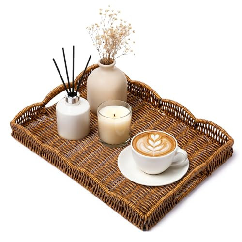 Oqqlin Woven Serving Trays, 15 x 11 x 2 Inch Scalloped Tray Rectangle with Handles Rustic Plastic Rectangle Coffee Table Decorative Tray for Living Room, Kitchen, Bathroom, Dining Table Decor (Brown) | Amazon (US)