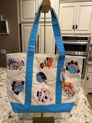 America & Beyond Beige Fish Beaded Embroidered Tote Bag Blue Double Handles Snap | eBay | eBay US