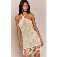 Lemon Floral Textured Halter Neck Fringe Detail Mini Dress | PrettyLittleThing US