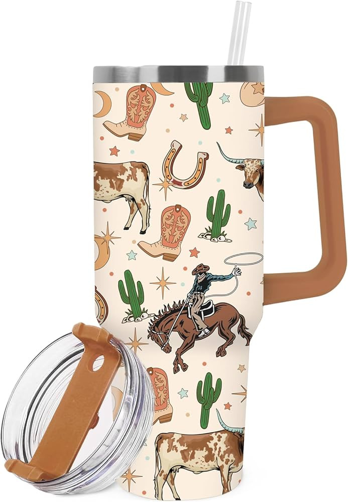 JarThenaAMCS Western Cowboy Tumbler with Handle 40oz Brown Cowboy Hat Boots Cow Cacti Tumbler wit... | Amazon (US)