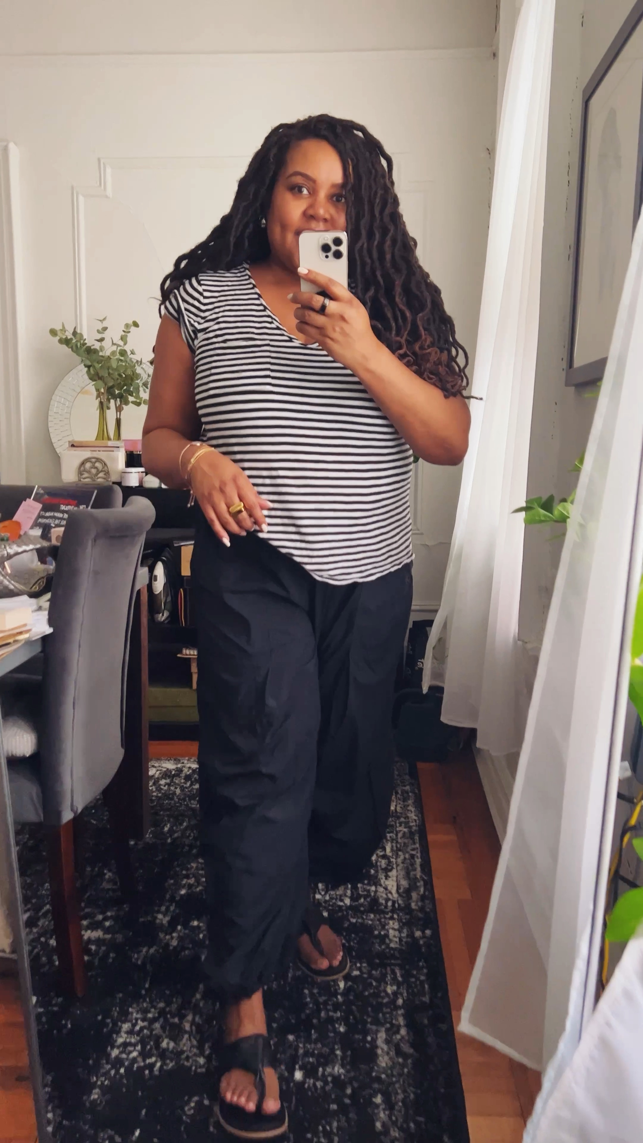 Midsize Casual Comfort OOTD. Wardrobe staple tee shirt, u-neck and v-neck, striped tee, parachute pants, leather sandals, errands outfit, casual style, Patranila #ltkunder50 #ltkcurves 

#LTKunder100 #LTKstyletip #LTKxNSale