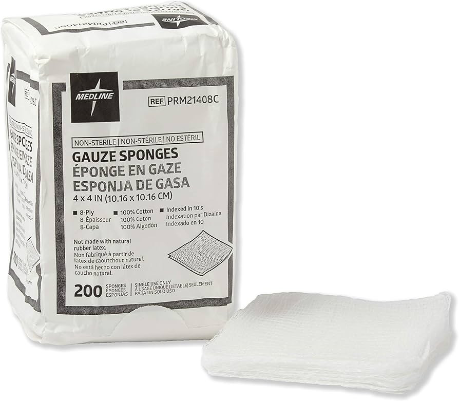 Medline 4 x 4 inch Gauze Sponges, 100% Cotton, 8-Ply Woven Non-Sterile Gauze (Pack of 200) | Amazon (US)