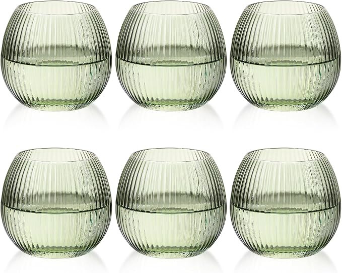 JOVGANK Green Ribbed Drinking Glasses Set of 6-10.8 OZ Stemless Wine Champagne Whiskey Cocktail G... | Amazon (US)