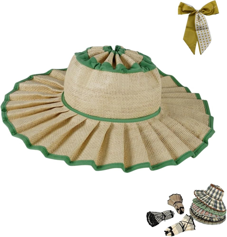 Women's Straw Reversible Pleated Sun Hat,Foldable Wide Brim Beach Hats for Summer,Outdoor Casual ... | Amazon (US)