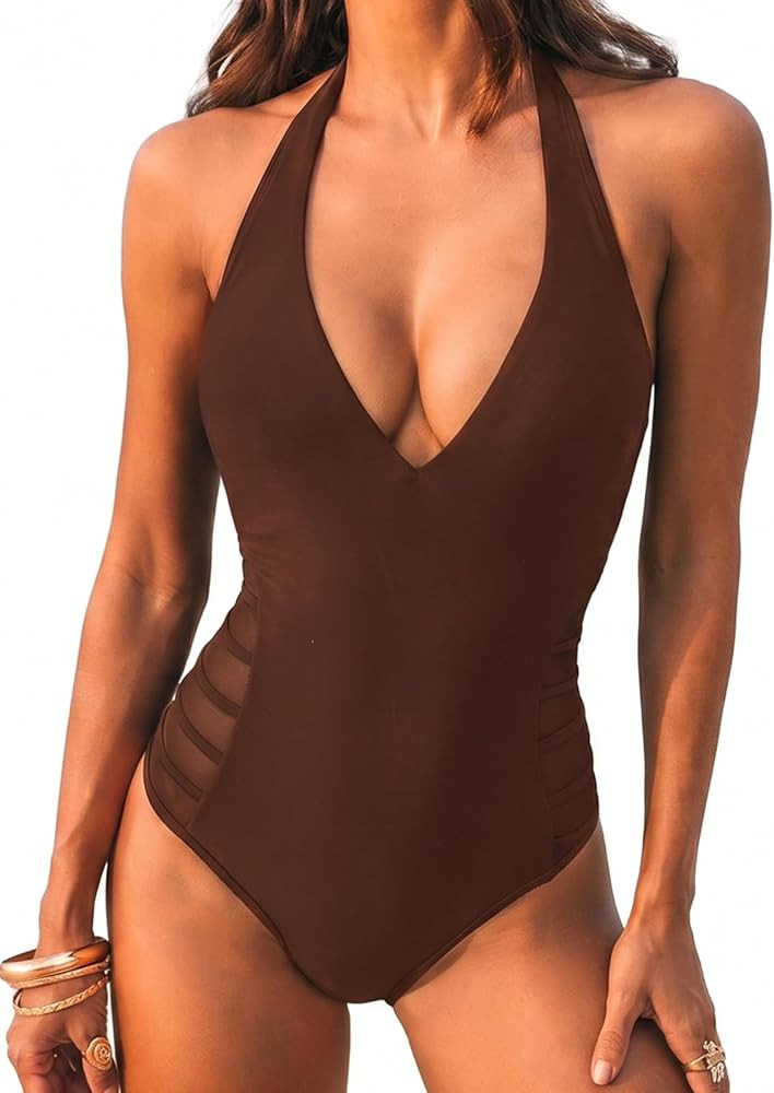 Removable Soft Cups, Plunging Neck, Mesh, Classic Bum Coverage, Sexy Tummy Control Swim Suit For ... | Amazon (US)