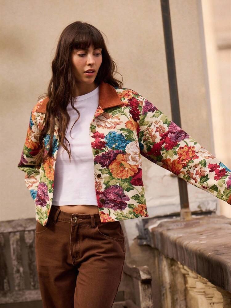 lacRébo Vintage Floral Jacquard Cropped Jacket With Brown Corduroy Collar And Cuffs Fall Women C... | SHEIN