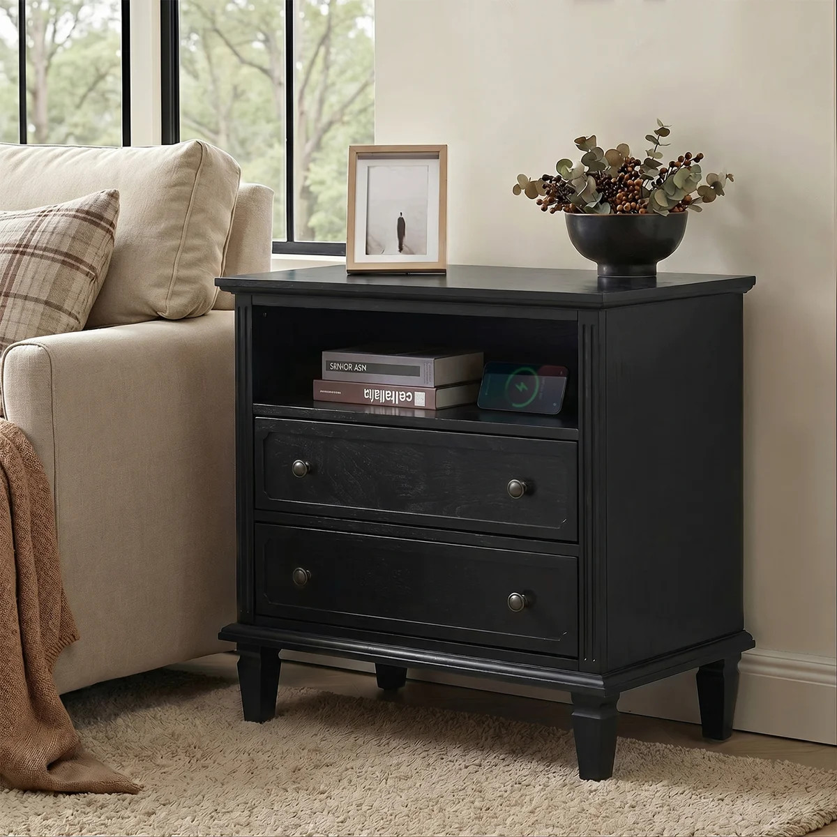 Ophelia & Co. Amberlyn 28.2''W Traditional 2-Drawer Nightstand with Charging Station and Solid Wood Legs and Open Shelf & Reviews | Wayfair North America