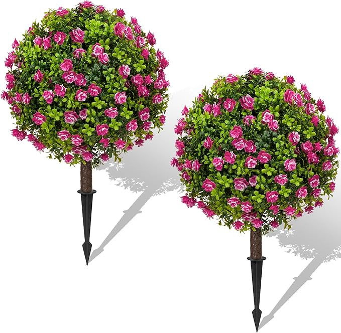 25" Artificial Boxwood Topiary Ball Trees with RoseFlowers, Set of 2 UV Resistant No Fade Outdoor... | Amazon (US)
