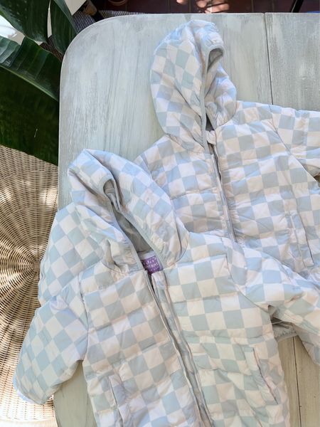 Blue and cream checkered baby and toddler hooded puffer coats

#LTKkids #LTKbaby