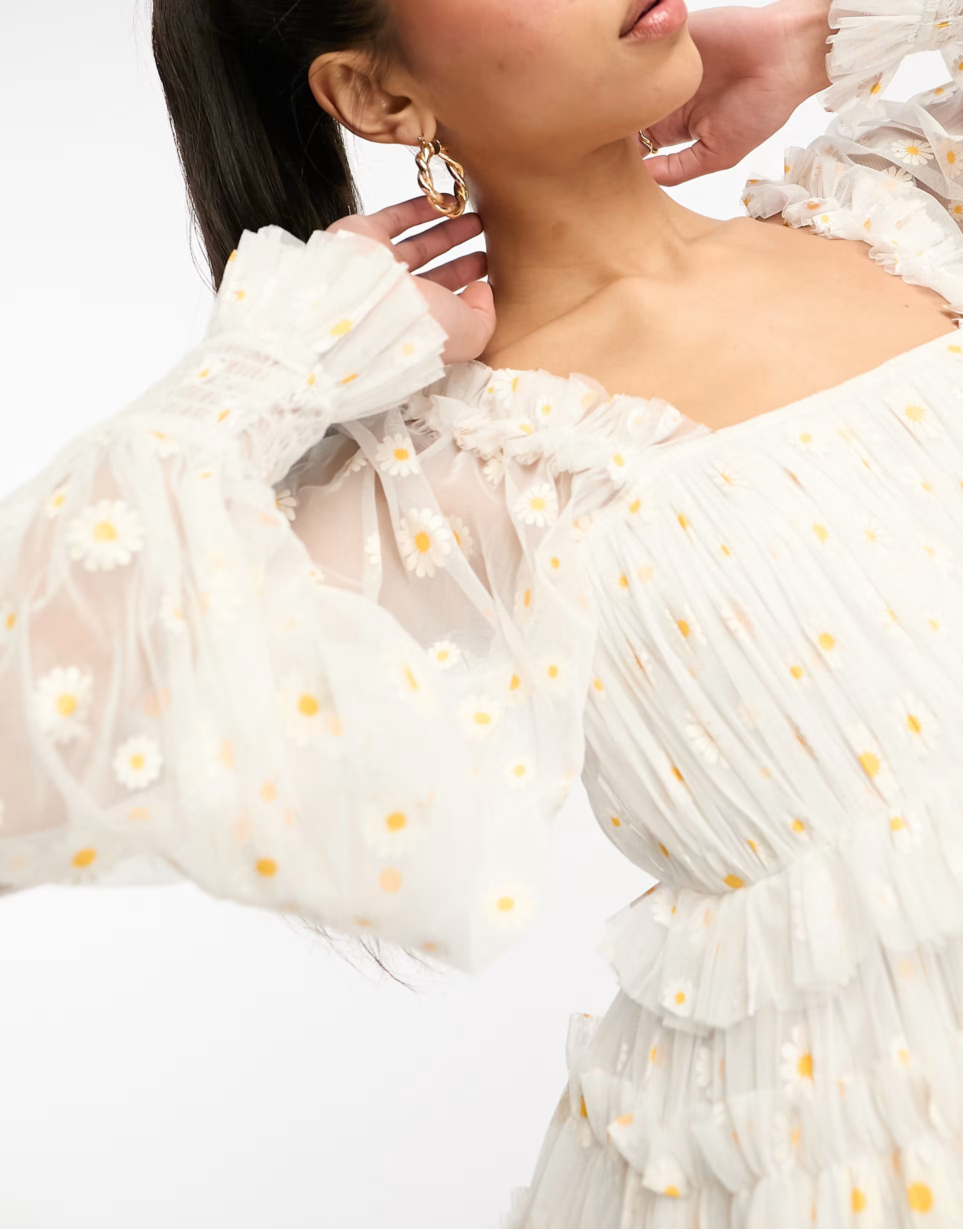 Lace & Beads exclusive long sleeve tulle smock mini dress in white daisy | ASOS (Global)