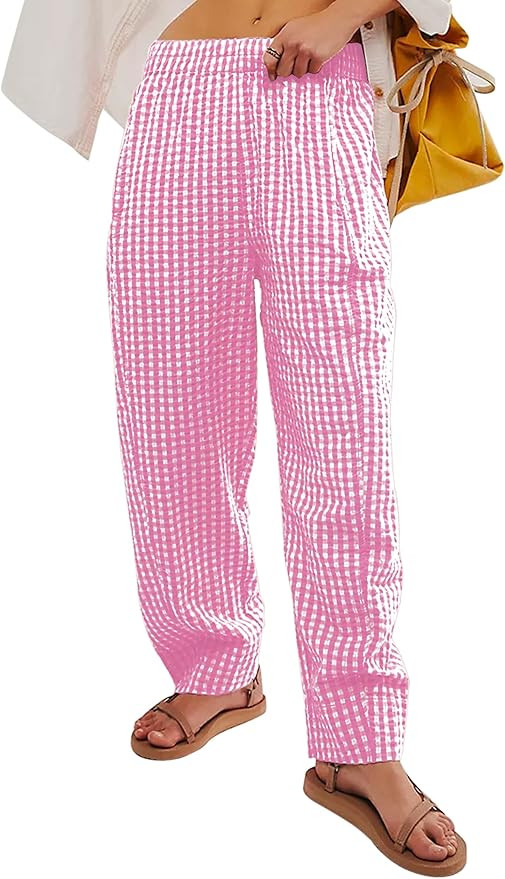 MISSACTIVER Women's Casual Y2K Plaid Pants Mid Rise Wide Leg Trousers Elastic Waist Baggy Loose L... | Amazon (US)