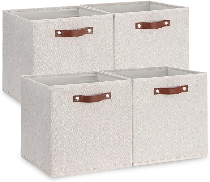 Temary Fabric Storage Cubes Storage Bins with Dual Leather Handles, 4 Pack Cube Baskets 13x13 Fol... | Amazon (US)