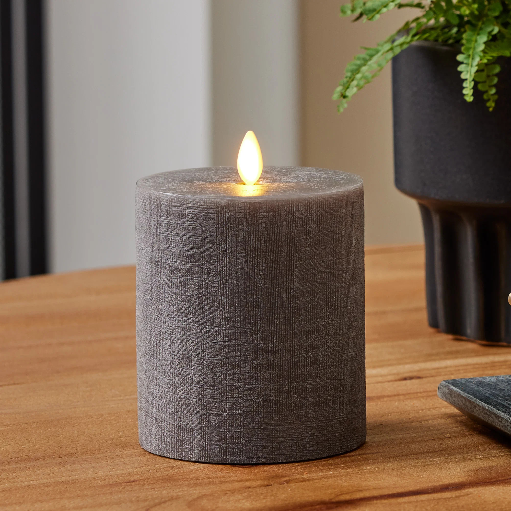 Chalky Linen Charcoal Gray Flameless Candle Pillar | Luminara