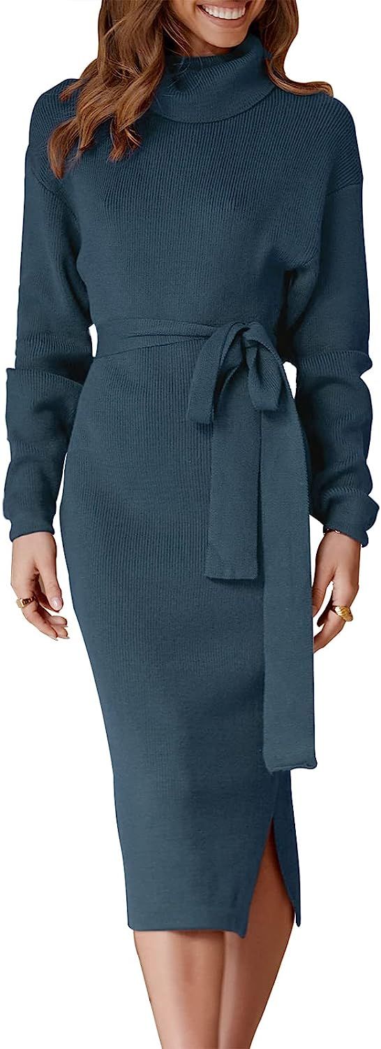 ANRABESS Women's Turtleneck Batwing Sleeve Oversized Chunky Rib Knit Slit Pullover Sweater Dress | Amazon (US)