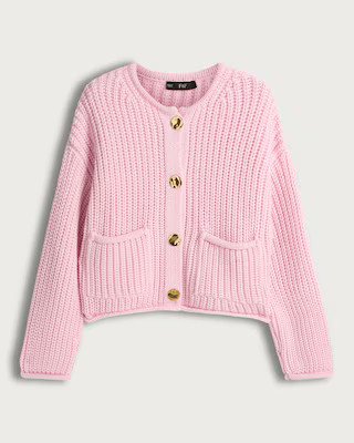 F&F Textured Gold Button Chunky Cardigan in Pink | Tesco F&F