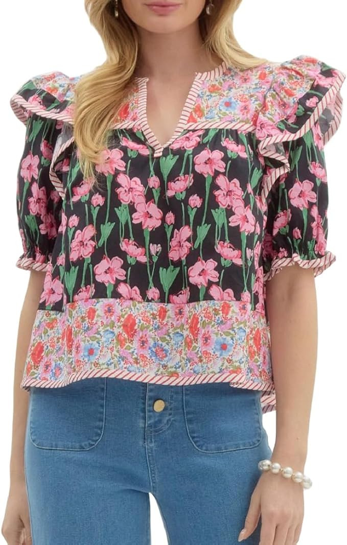 Women Floral Ruffle Short Sleeve Tops Flare Shoulder Boho Babydoll T Shirts Casual Flutter Sleeve... | Amazon (US)