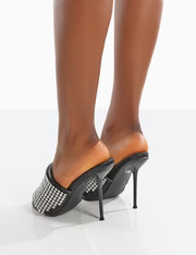 High Shine Black PU Diamante Strappy Heeled Mules | Public Desire