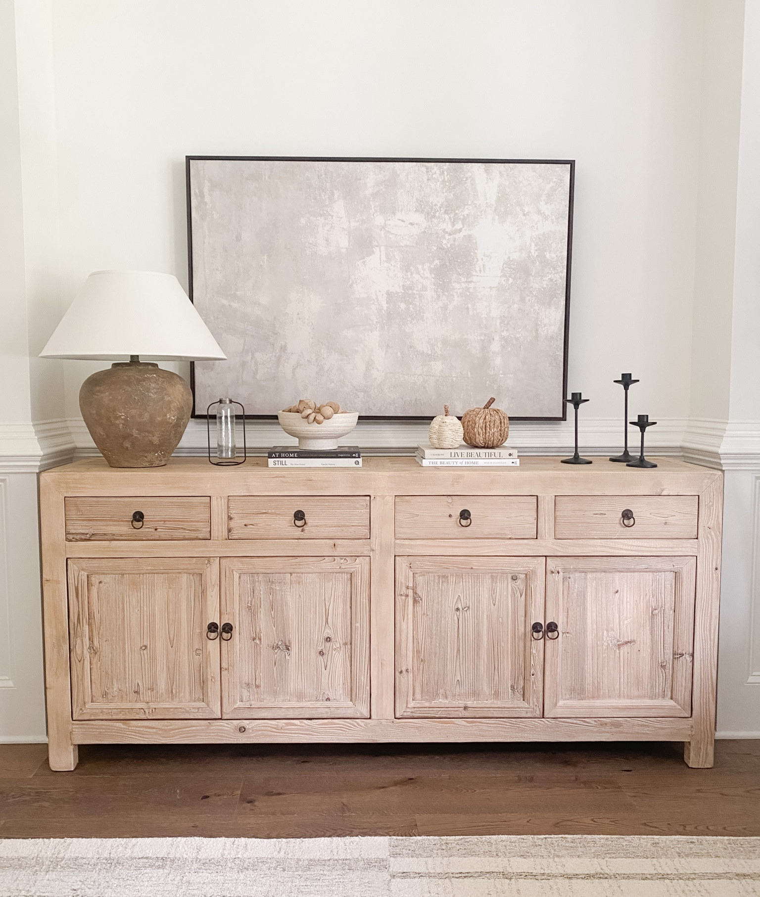 Reclaimed wood sideboard. Console table. Vintage furniture. Living room decor. Family room decor. Table lamp. Neutral art. Neutral decor. Transitional decor. Fall decor. 

#LTKhome