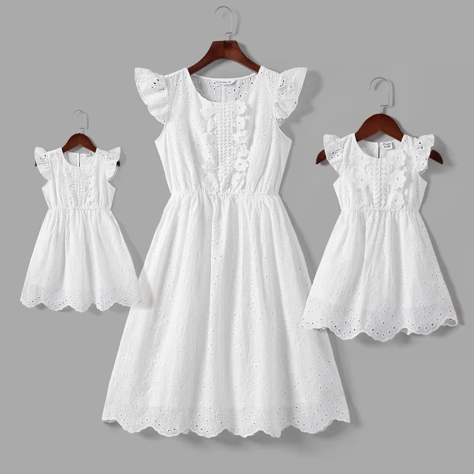 Mommy and Me White Eyelet Embroidered Flutter-sleeve Dresses | PatPat