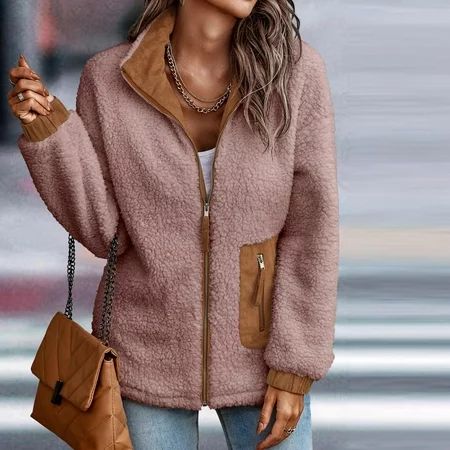 Women s Lapel Zip Up Fuzzy Fleece Shaggy Oversized Coat Faux Shearling Jacket With Pockets Pink M LC | Walmart (US)