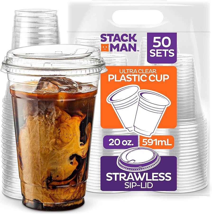 20 oz Clear Plastic Cups with Strawless Sip-Lids [50 Sets] PET Crystal Clear Disposable 16oz Plas... | Amazon (US)