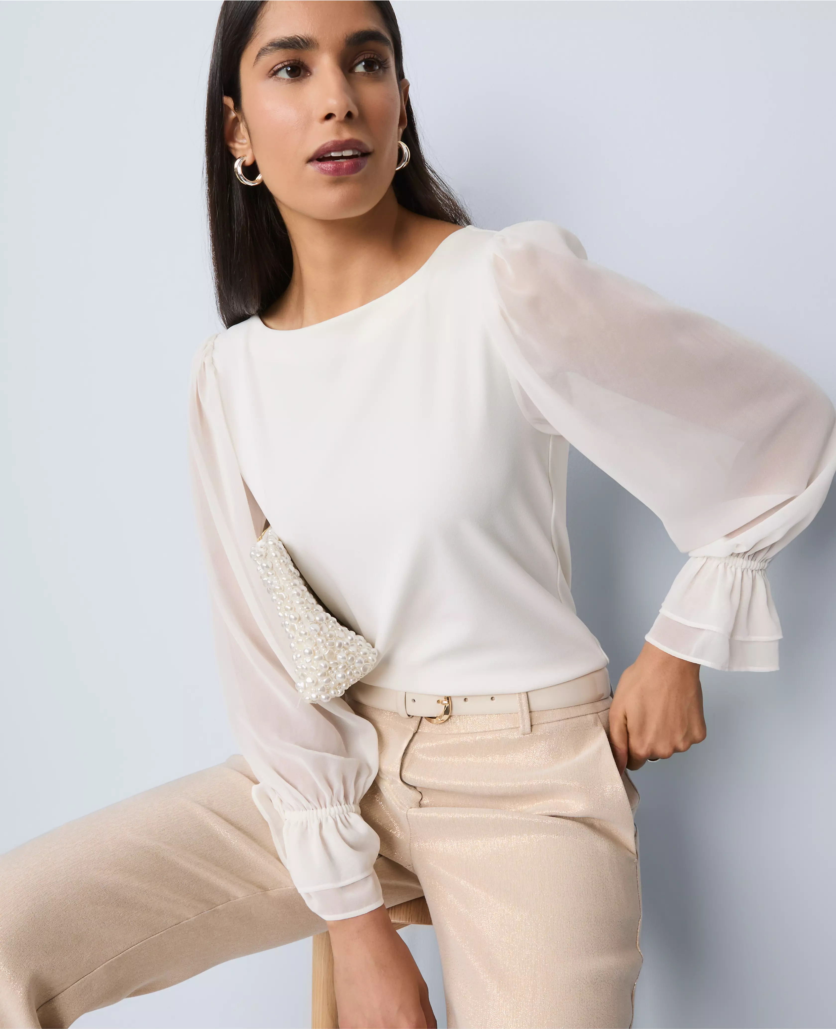 Mixed Media Pleated Sleeve Top | Ann Taylor