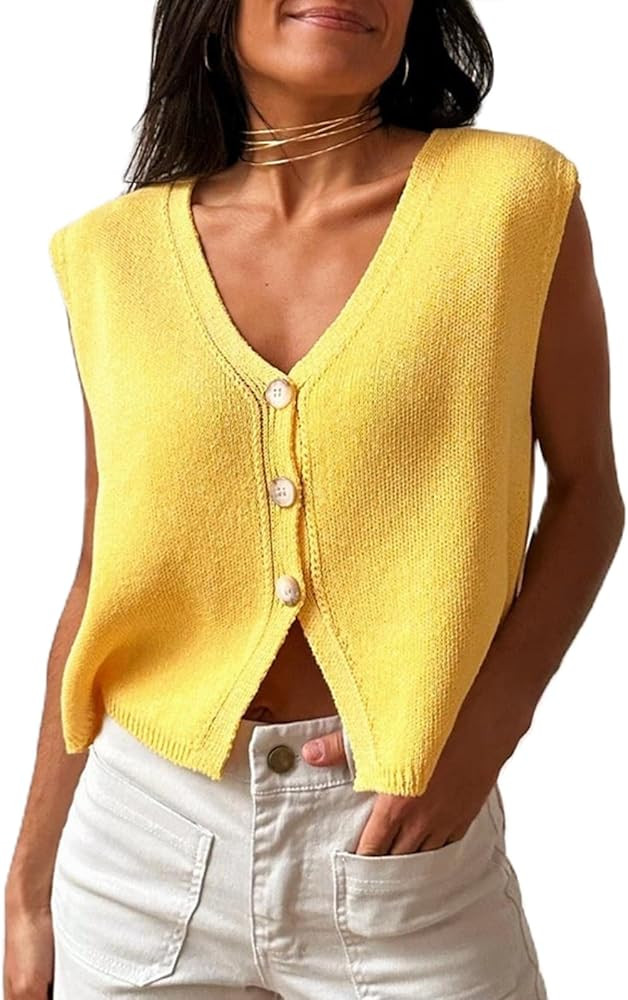 Knit Sweater Vest for Women V Neck Button Down Sleeveless Crop Knit Cardigan Open Front Sweater V... | Amazon (US)