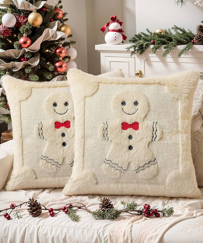 Christmas Pillow Covers 18x18 Set of 2 Decorative Soft Plush Faux Rabbit Fur White Christmas Thro... | Amazon (US)