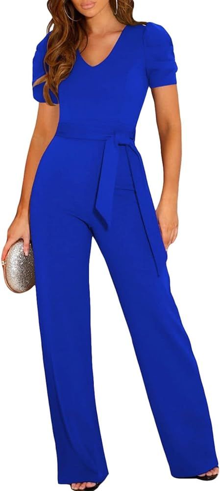 BLENCOT Womens Jumpsuit Short Sleeve Casual v Neck Belted Wide Leg Formal Rompers Jumpsuits S-XL | Amazon (US)