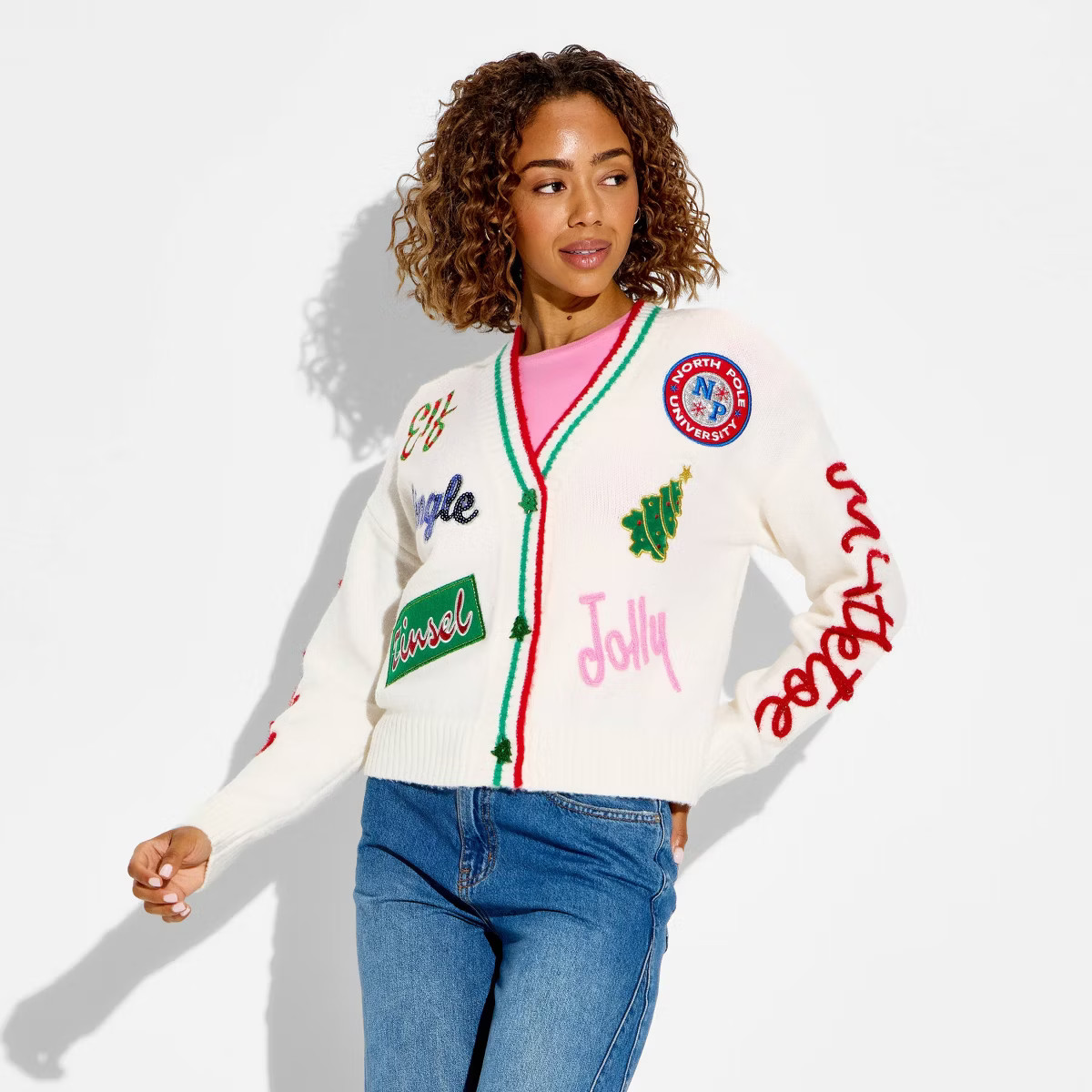Women's Holiday Patchwork Festive Graphic Cardigan - Cream XS | Target